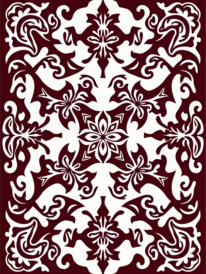 Ornate Floral Patterned Dark Red Rug