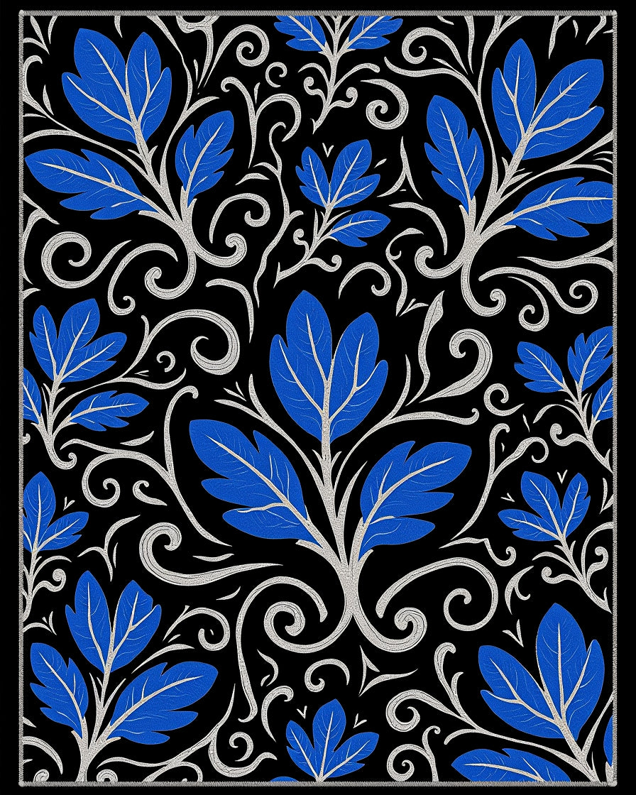 Elegant Blue Leaf Scroll Pattern Rug
