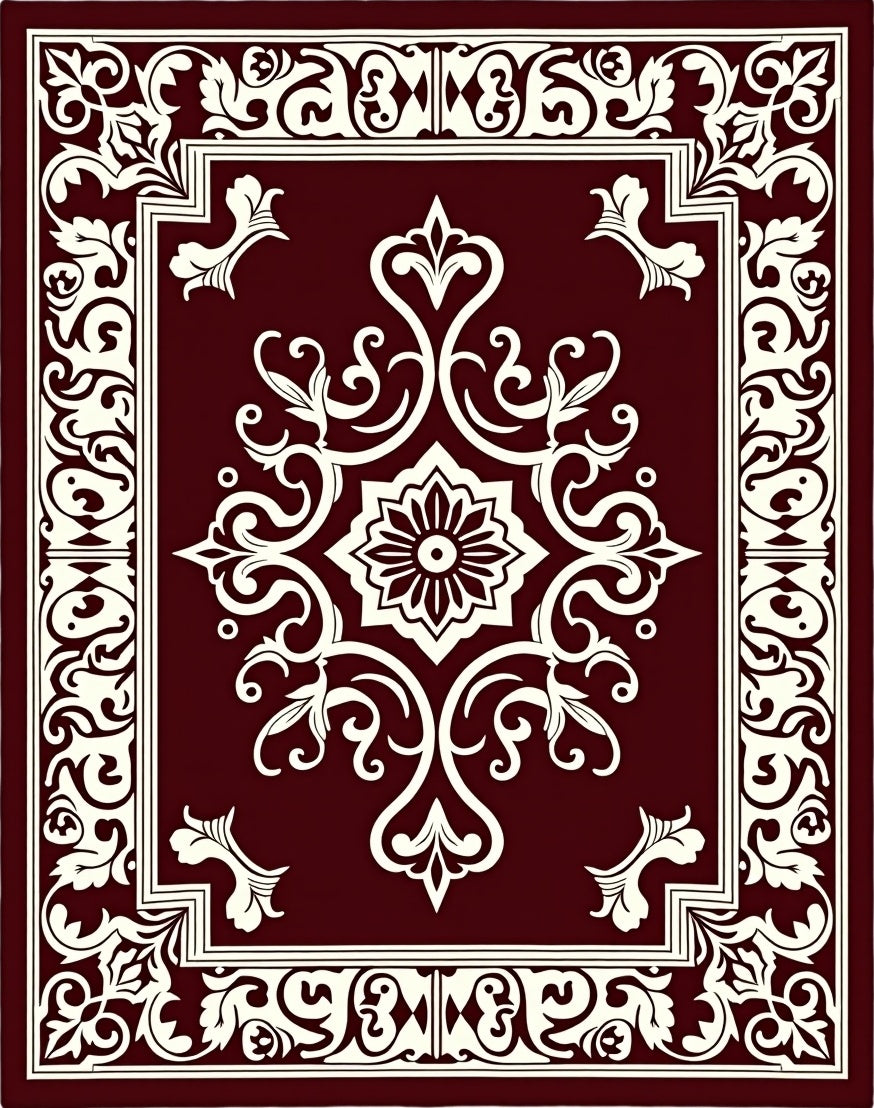 Ornate Floral Scrollwork Border Rug