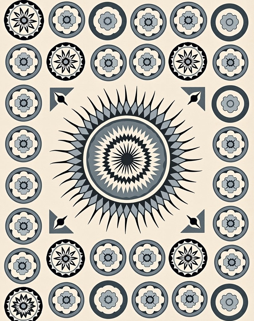 Grey Black Floral Round Pattern Rug