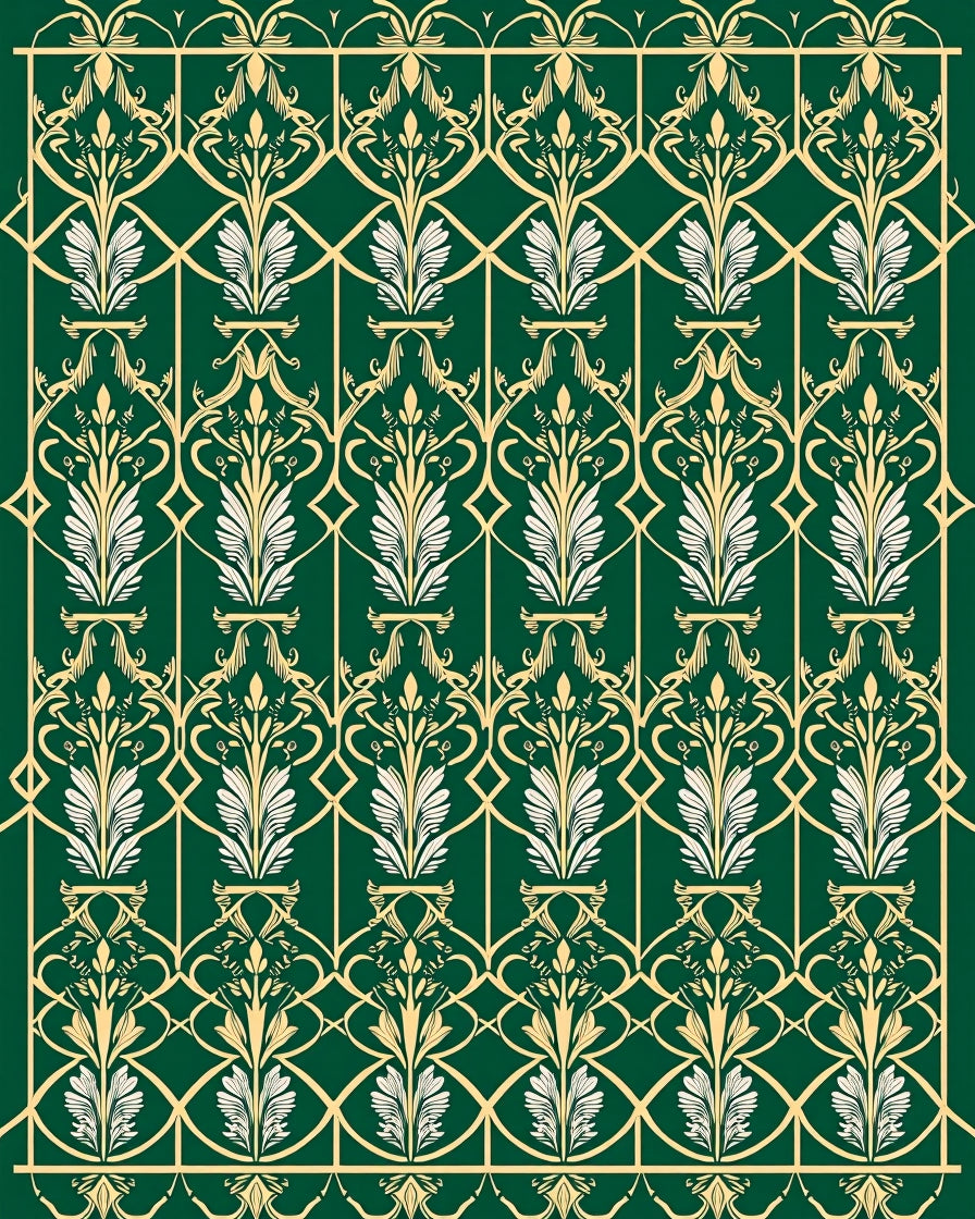 Green Gold Art Deco Floral Pattern Rug