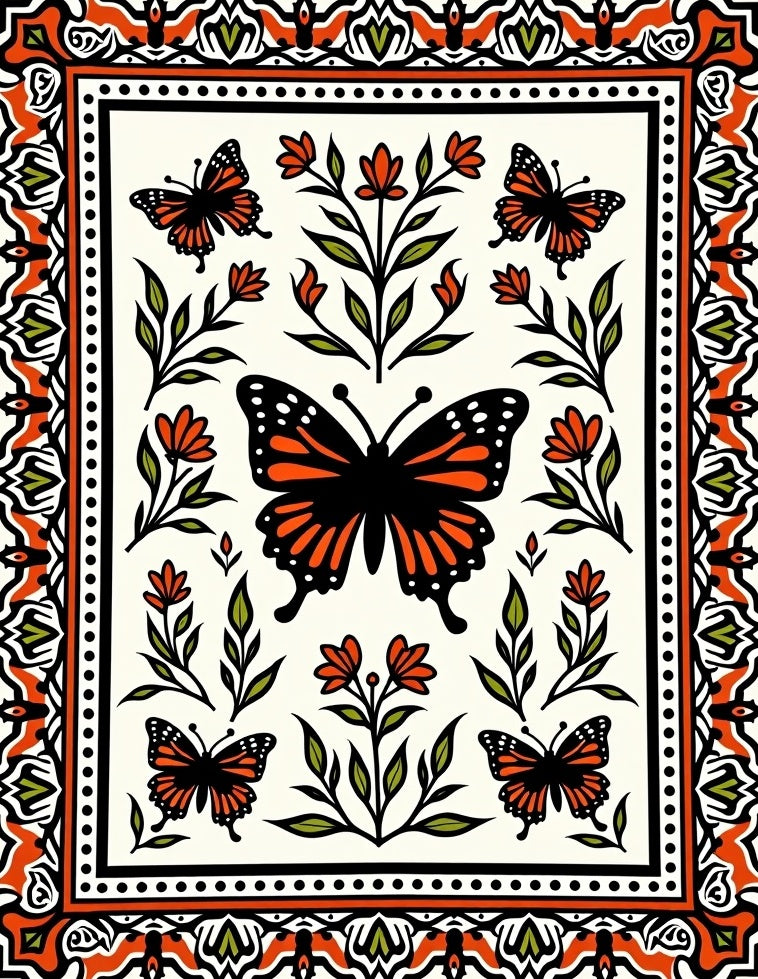 Bold Orange Green Butterfly Pattern Rug