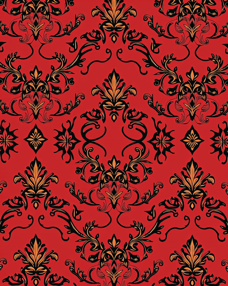 Ornate Red Black Gold Floral Pattern Rug