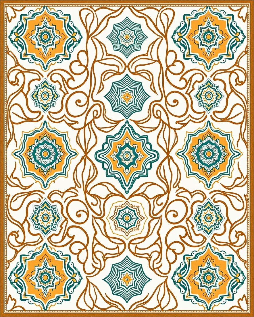 Orange Teal Starburst Floral Vines Rug