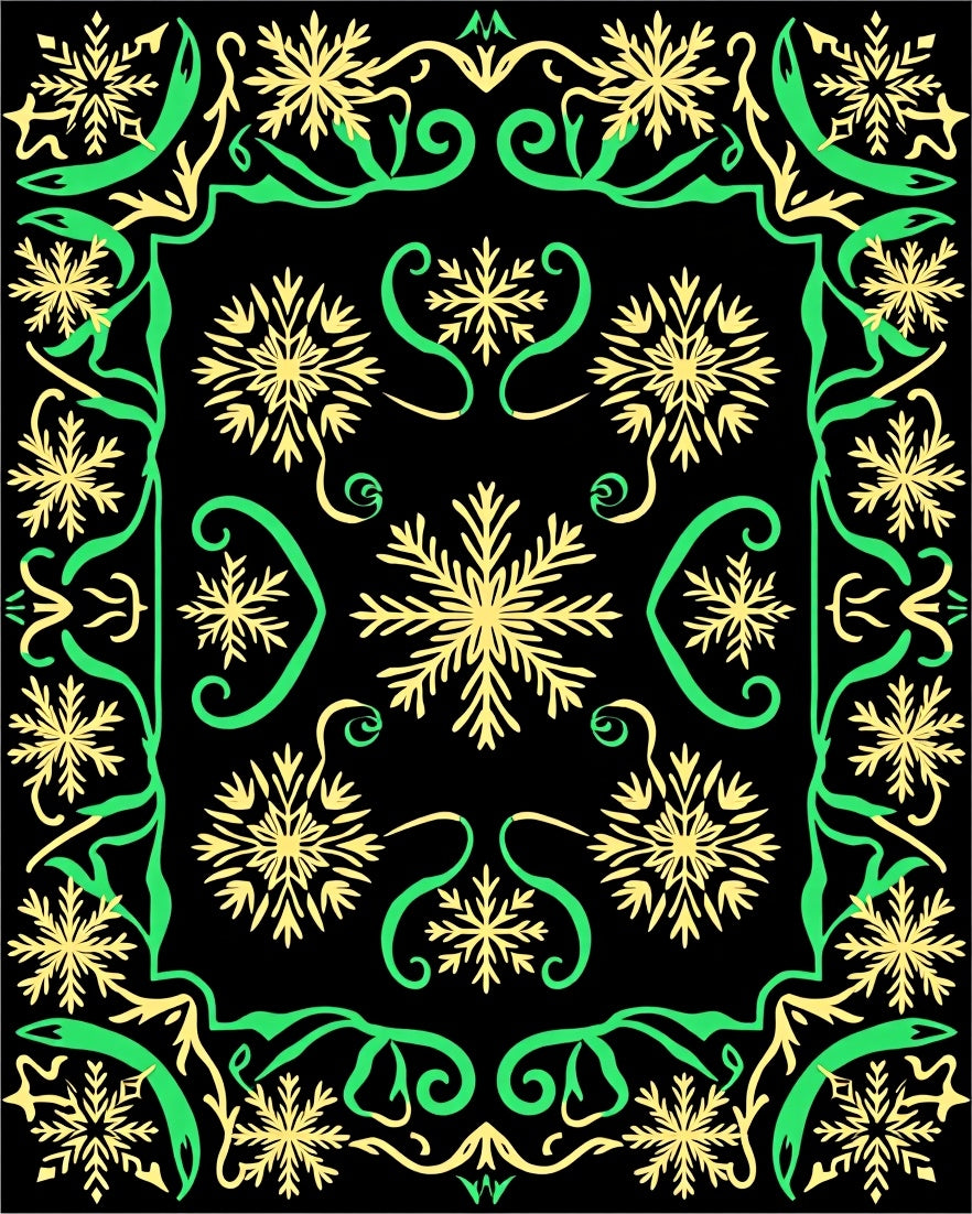 Black Snowflakes Green Scroll Border Rug