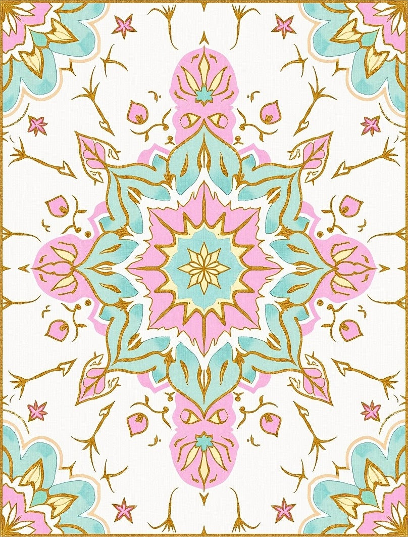 Pastel Floral Mandala Pattern With Gold Rug