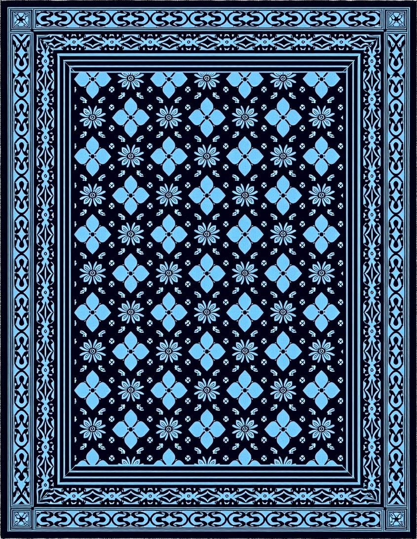 Classic Blue Floral Bordered Rug