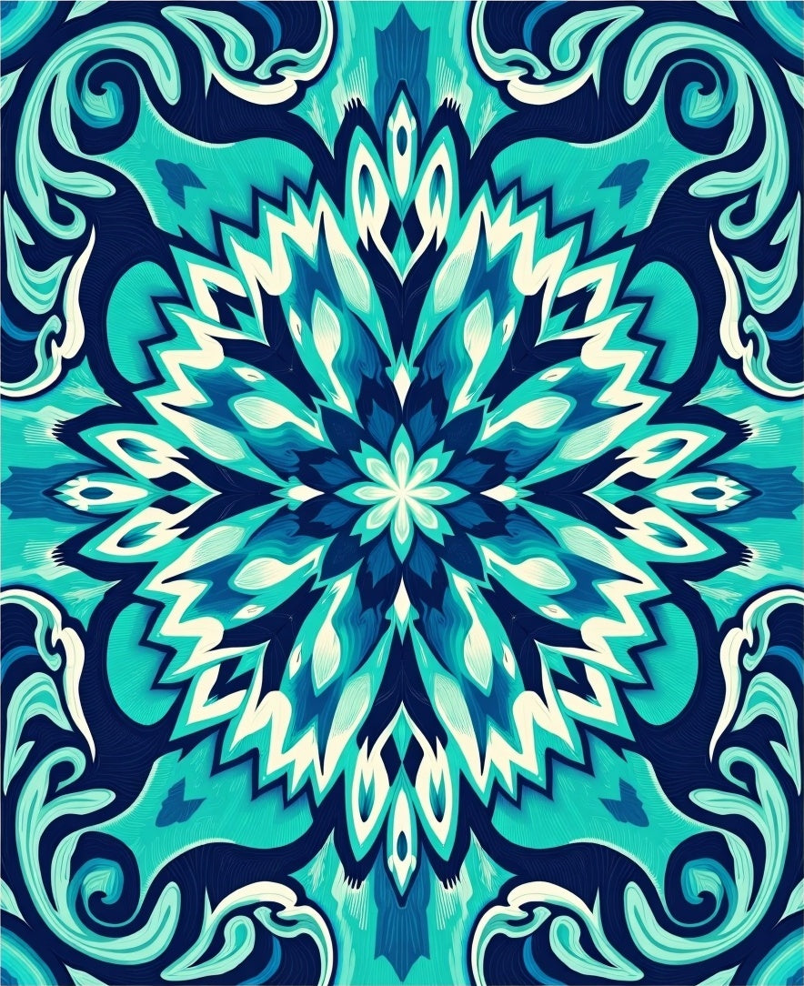 Vibrant Teal Blue Floral Mandala Pattern Rug