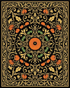 Ornate Floral Scrollwork Black Orange Rug