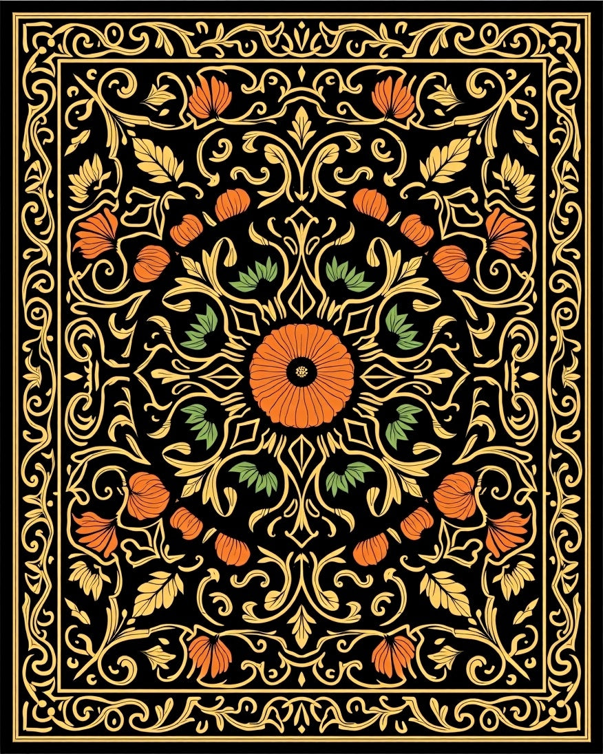 Ornate Floral Scrollwork Black Orange Rug