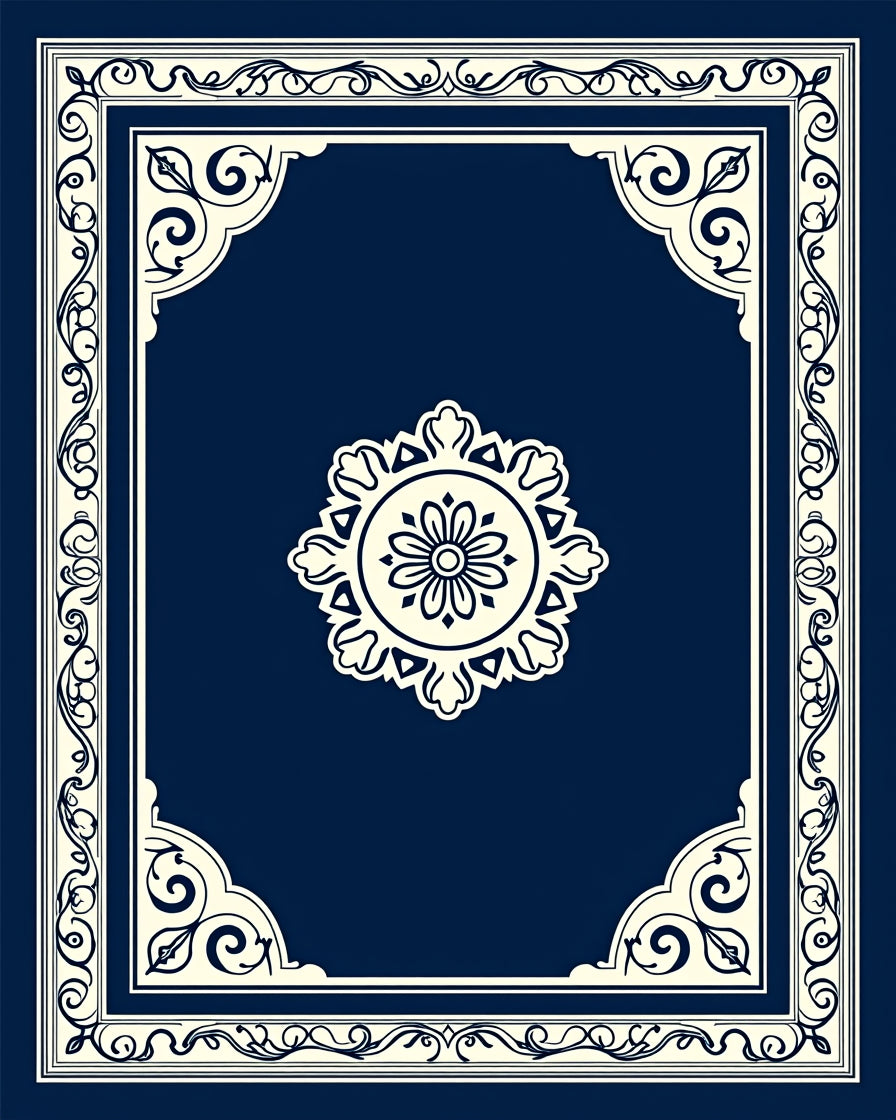 Navy Blue Decorative Floral Frame Rug