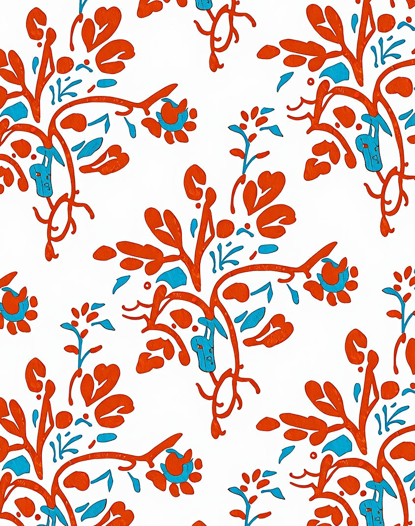 Orangey Red Blue Floral Branches Rug