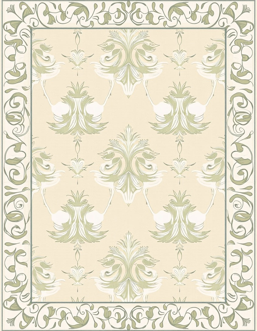 Pastel Cream Floral Crane Motif Rug