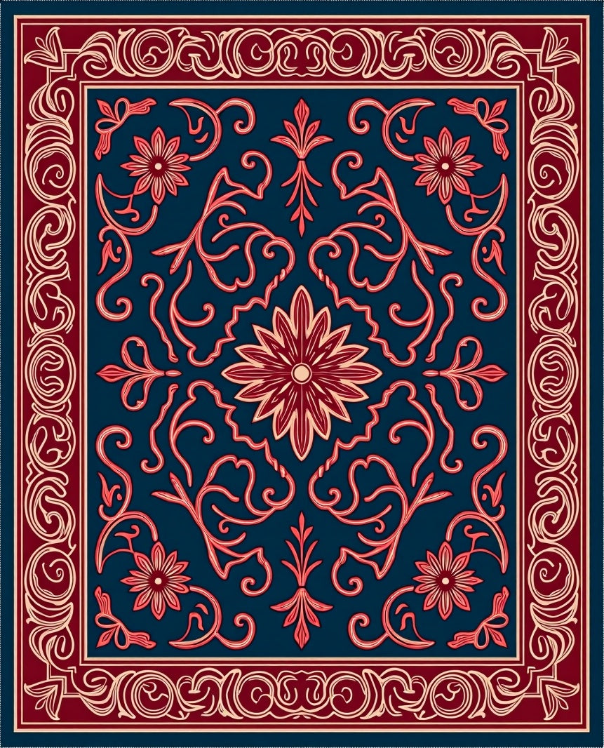 Floral Scrollwork Red Blue Design Rug