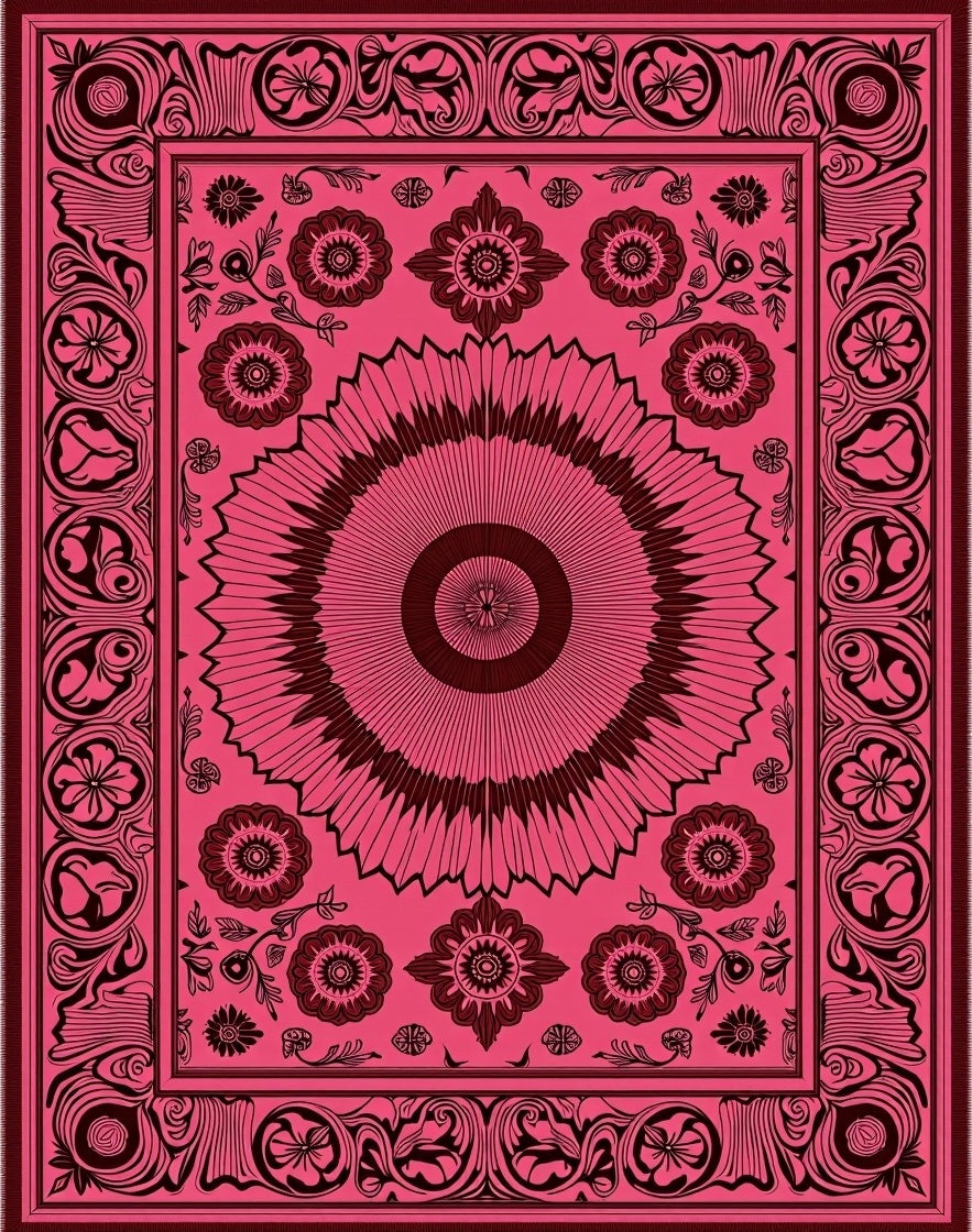 Pink Floral Medallion Border Art Rug
