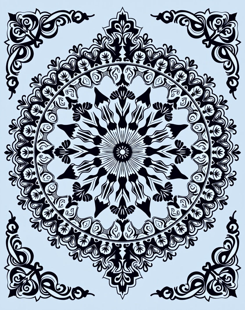Ornate Black Floral Sunburst Mandala Rug