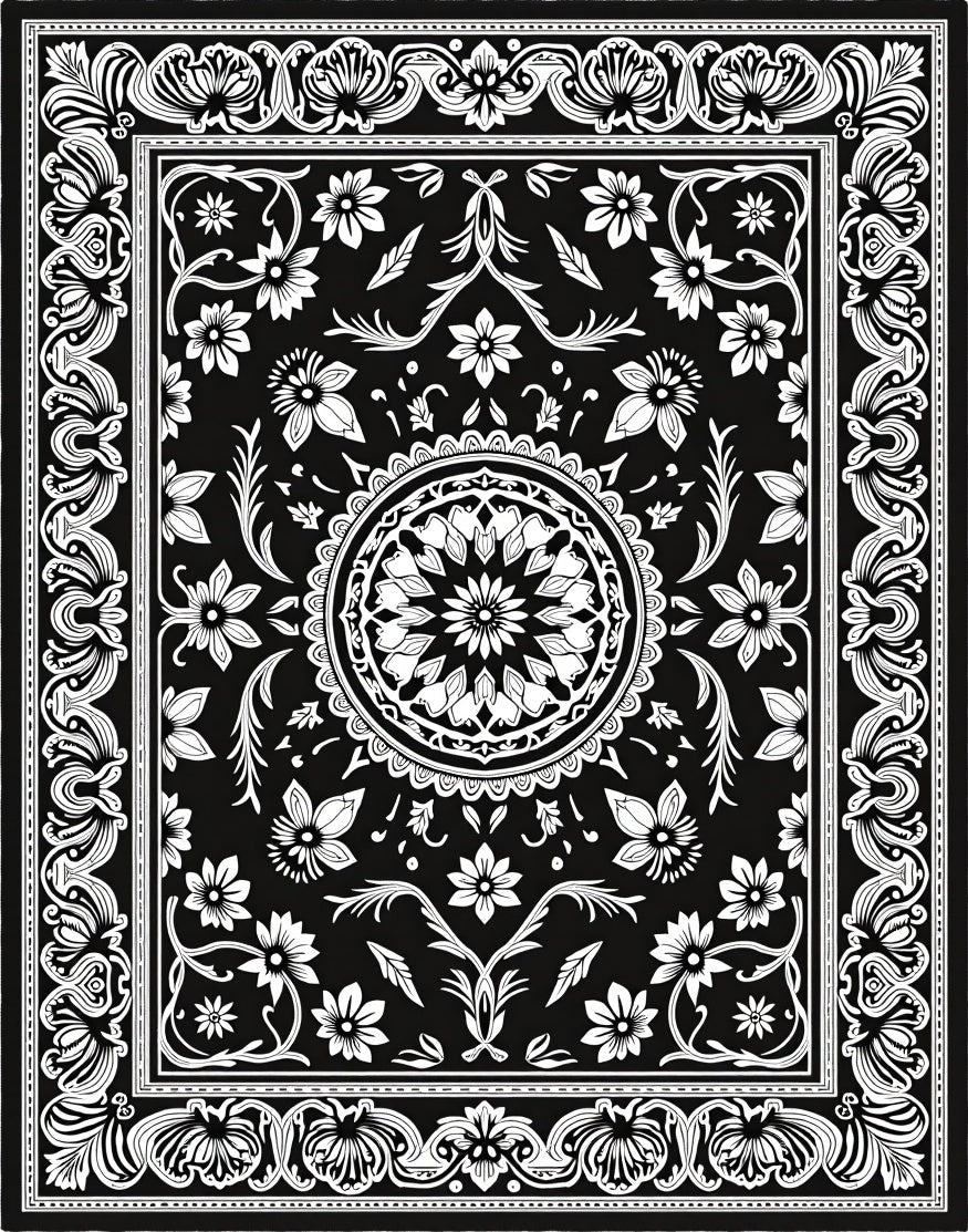 Intricate Floral Mandala Black and White Rug