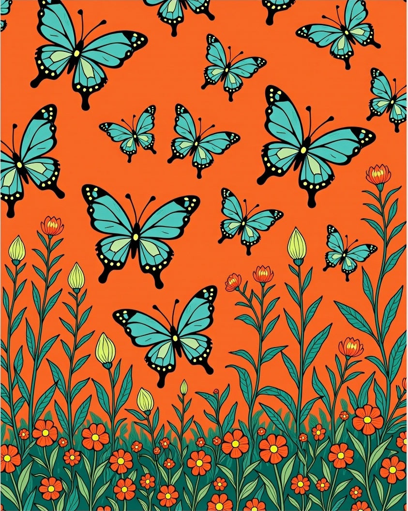 Orange Butterfly Garden Floral Pattern Rug