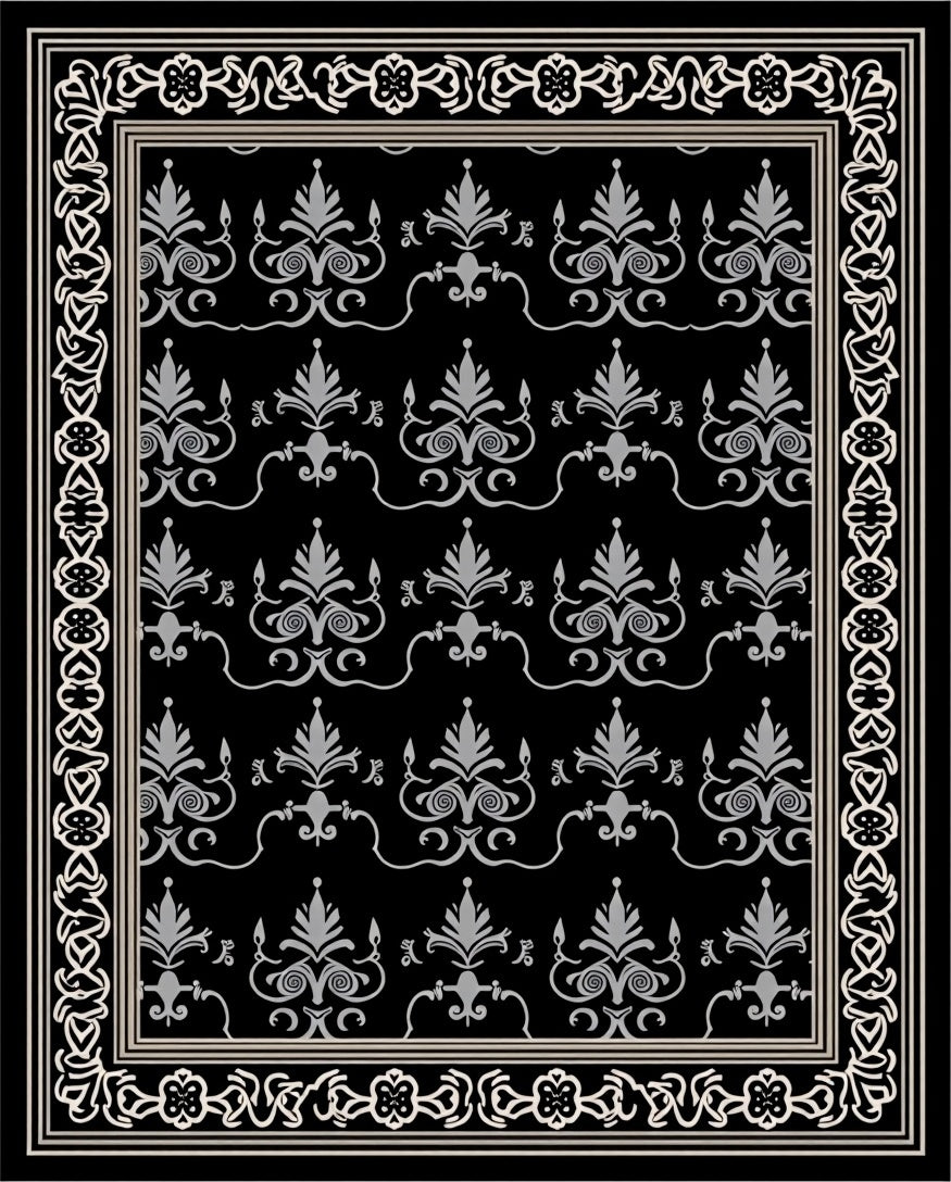 Ornate Silver Damask Pattern Design Rug