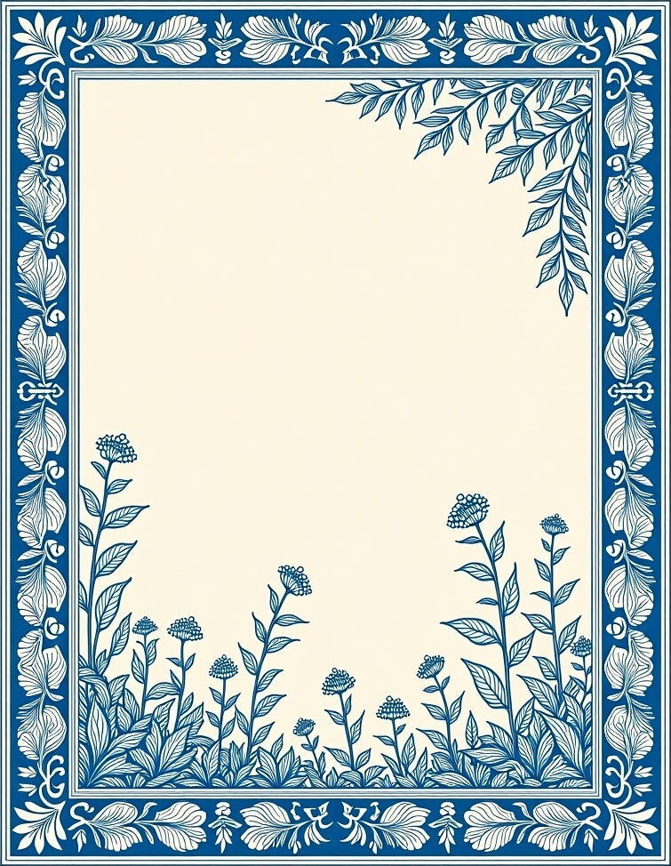 Detailed Floral Botanical Blue White Frame Rug