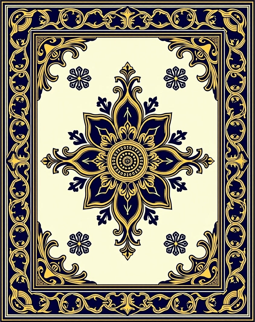 Ornate Floral Frame Blue Gold Rug