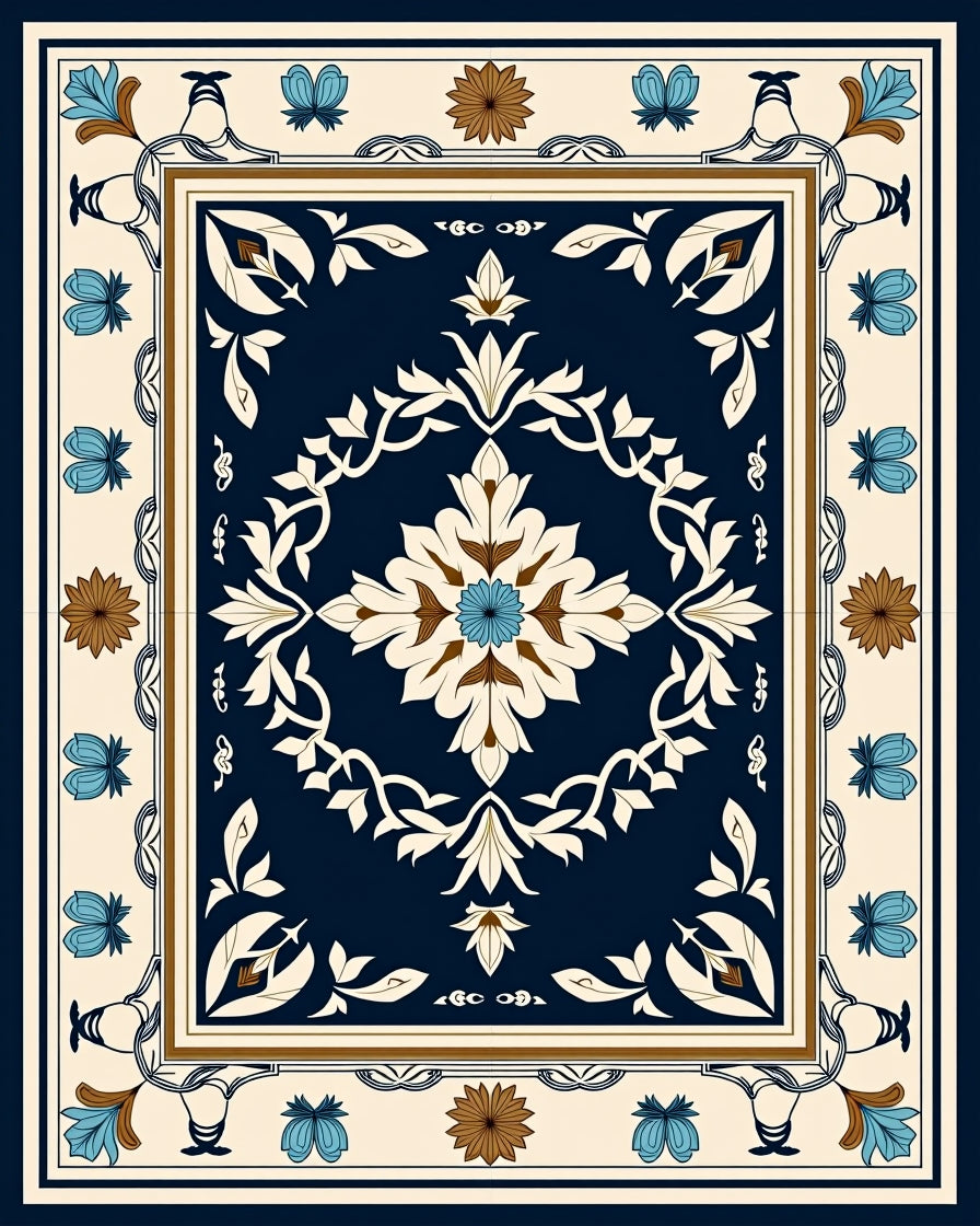 Ornate Floral Medallion Ivory Blue Rug