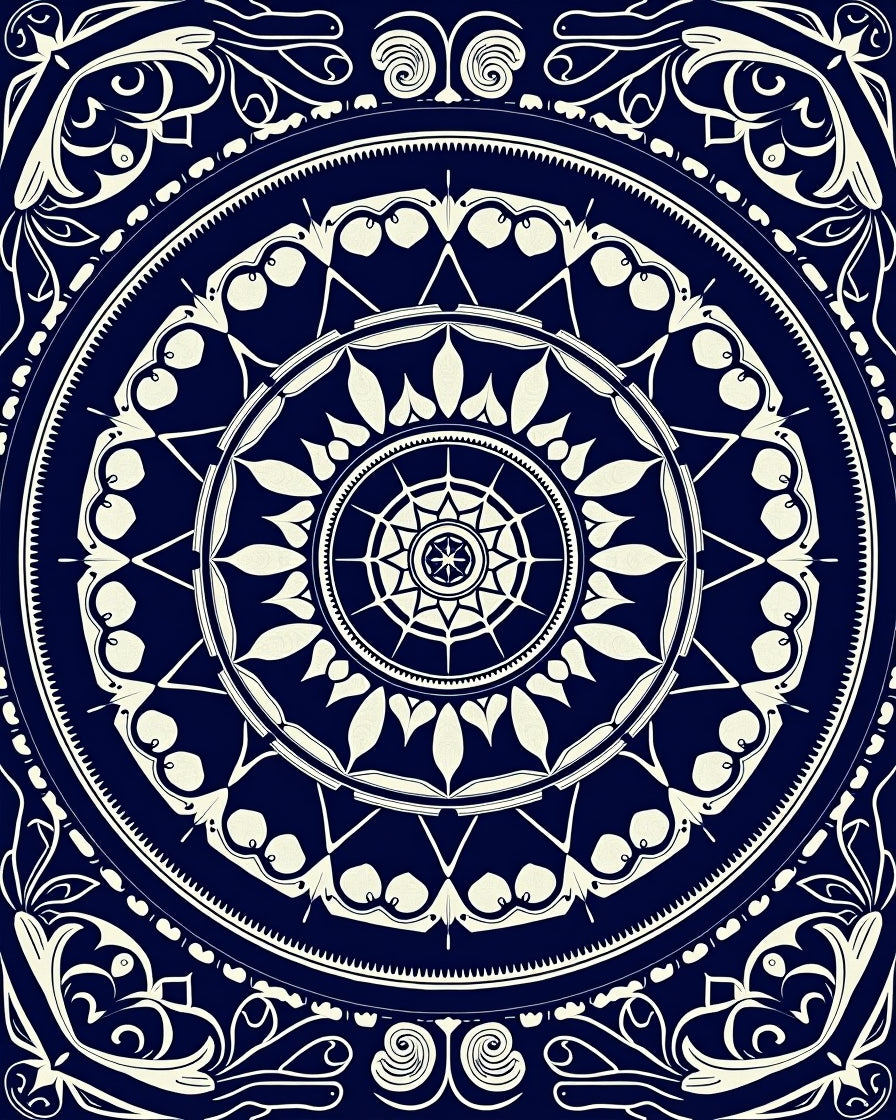 Navy Ivory Ornate Mandala Pattern Rug
