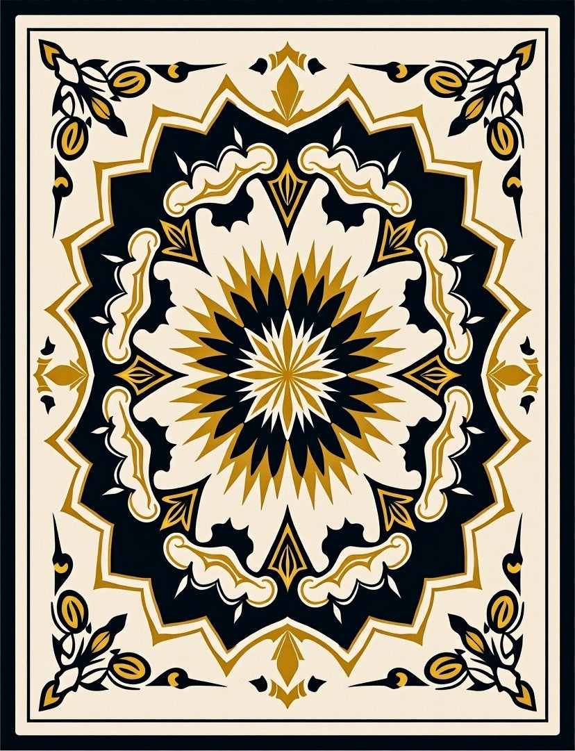 Elegant Floral Medallion Gold Black Pattern Rug