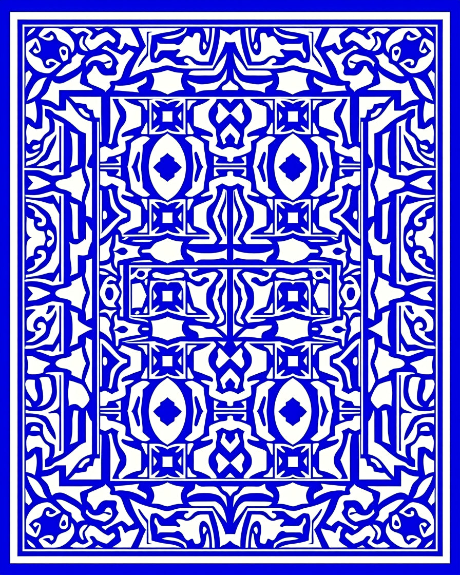 Intricate Blue White Symmetric Pattern Rug