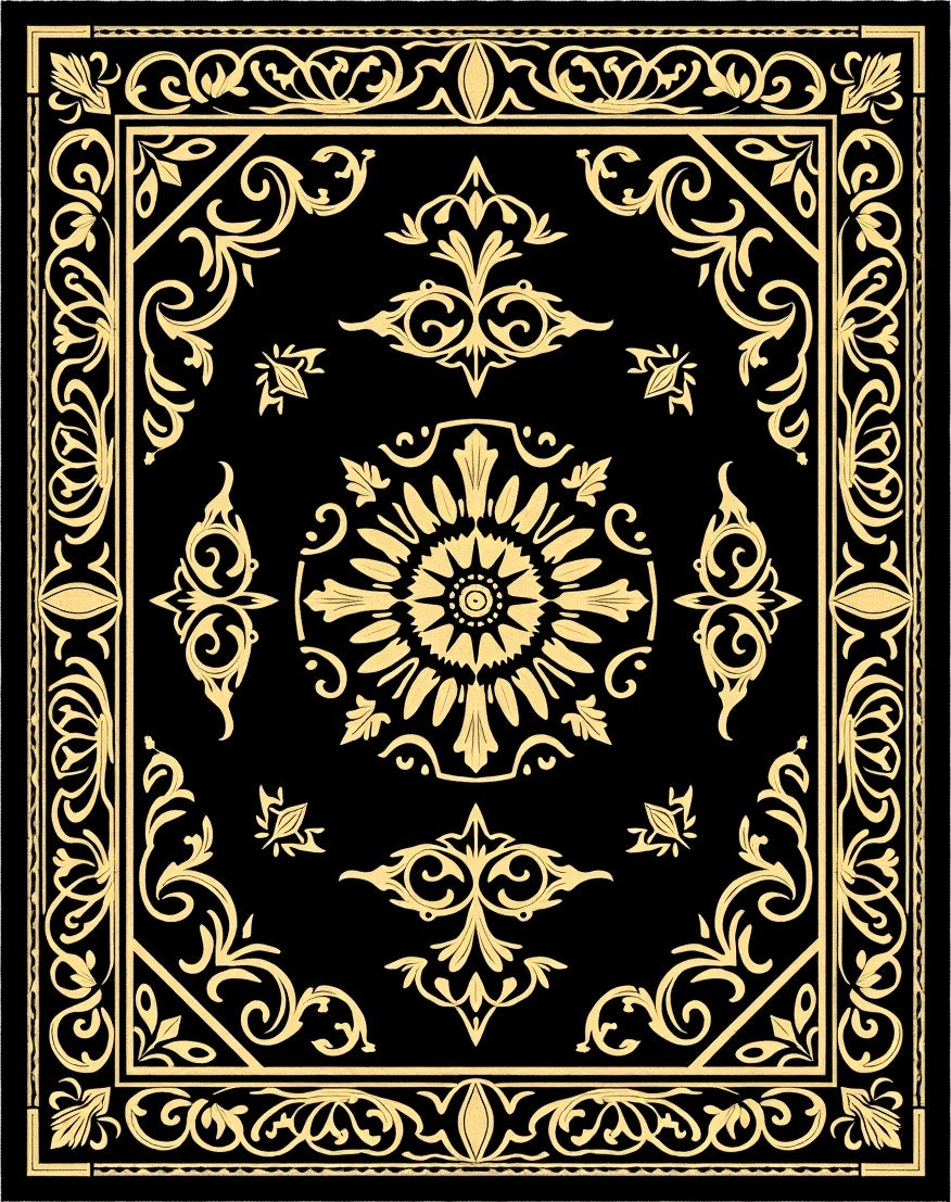 Elegant Black Gold Floral Border Rug