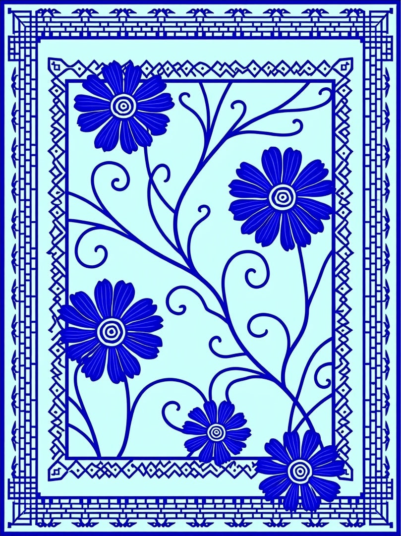 Bold Blue Floral Vine Border Design Rug