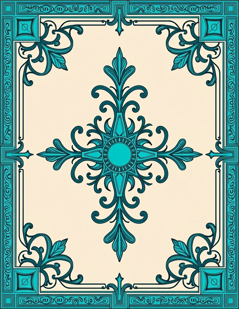 Teal Ornate Floral Border Rug