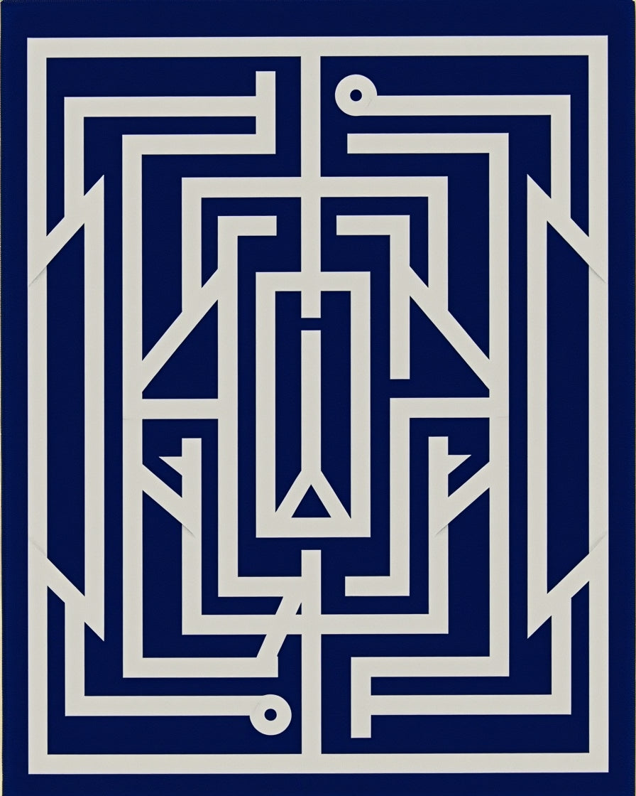 Geometric Maze White Blue Pattern Rug