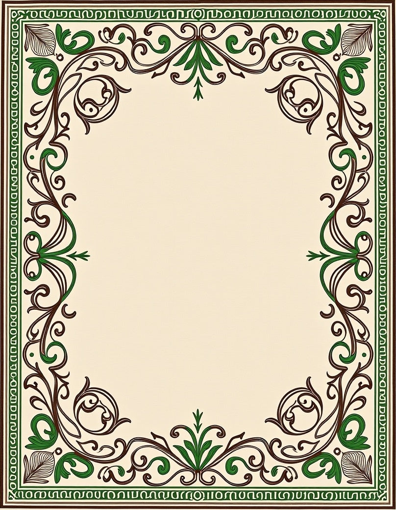 Elegant Floral Scrollwork Brown and Green Design Rug
