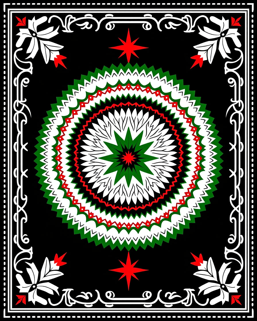 Bold Green Red White Starburst Medallion Rug