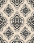 Ornate Black Beige Damask Pattern Rug