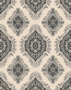 Ornate Black Beige Damask Pattern Rug
