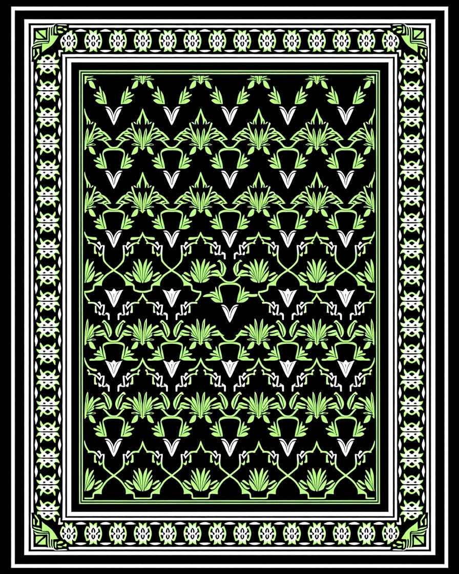 Art Nouveau Black Green Floral Pattern Rug