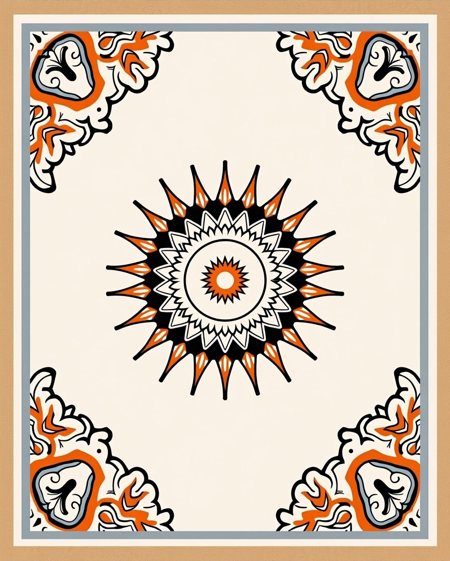 Orange Black Sunburst Mandala Tile Rug