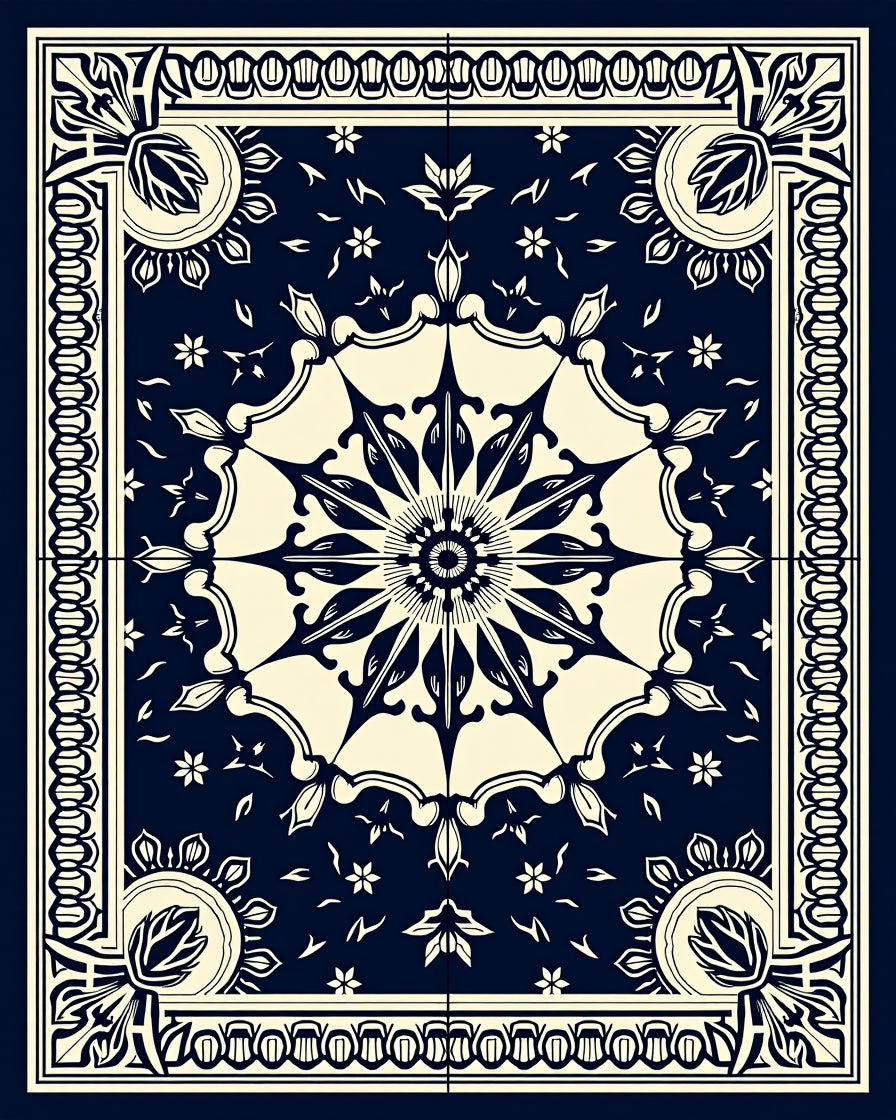 Dark Blue Cream Intricate Mandala Rug