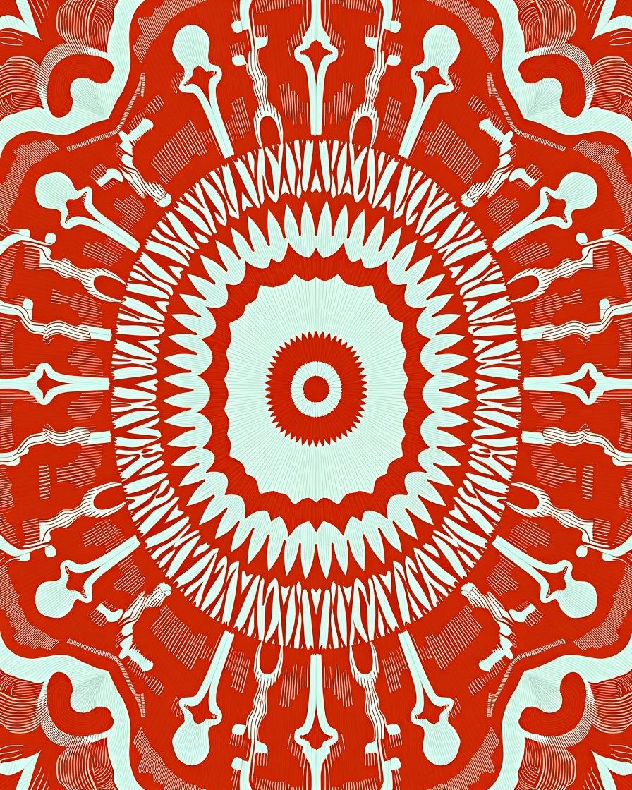 Intricate Radial Red White Pattern Rug