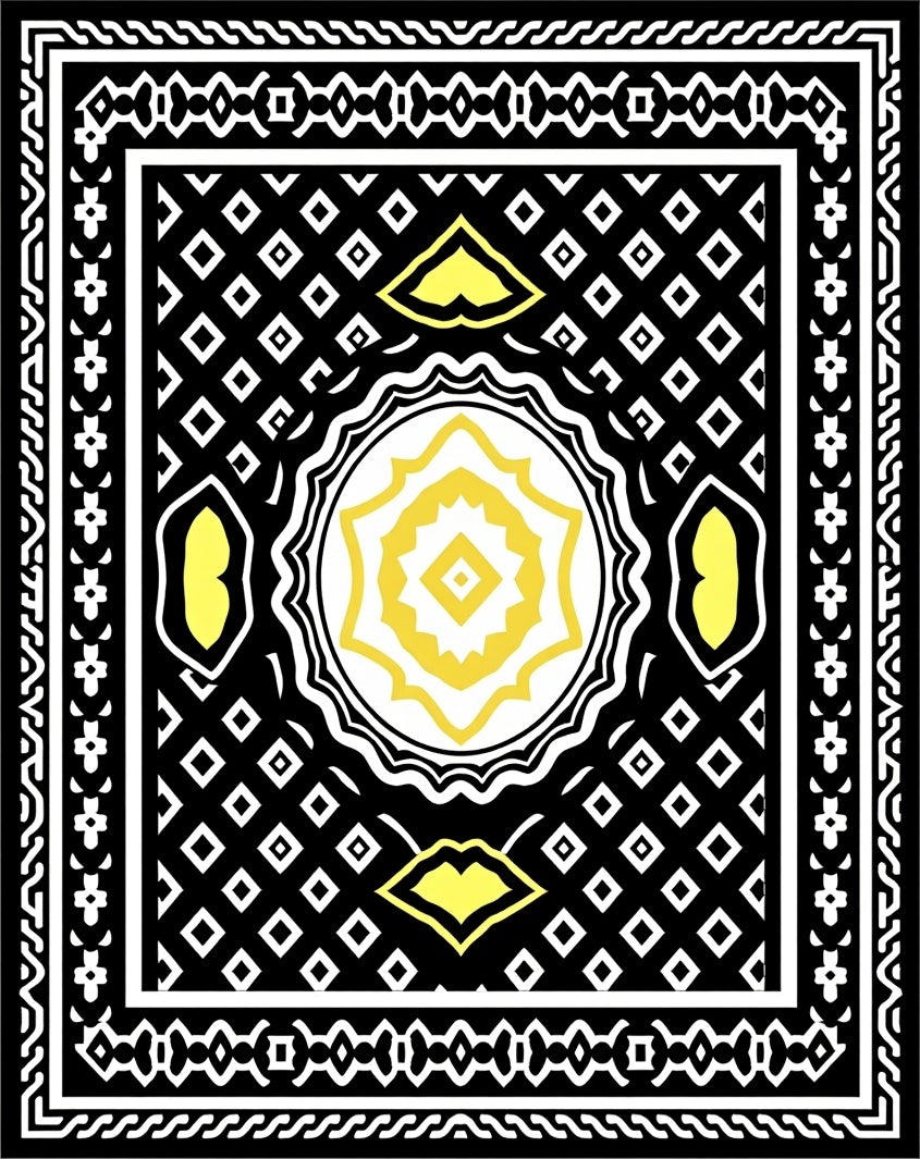 Black Yellow Geometric Diamond Medallion Rug