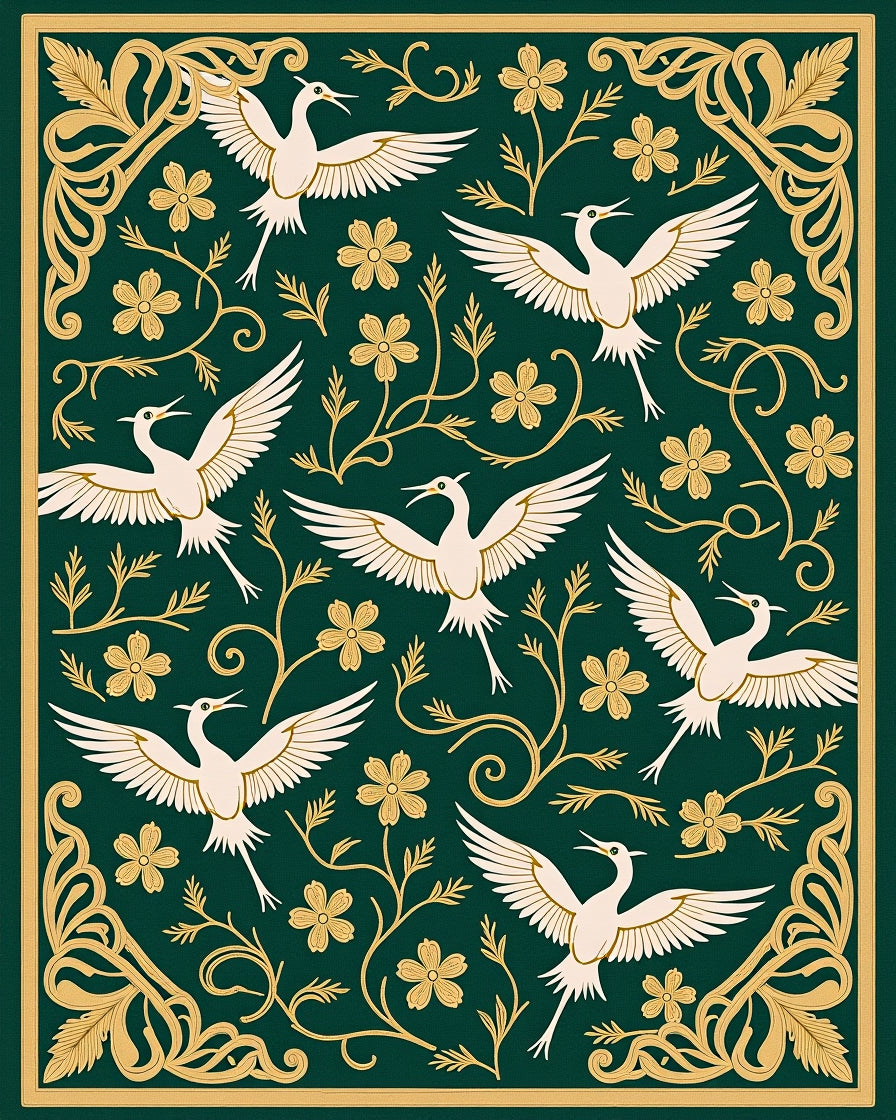 Elegant Cranes Flowers In Gold Border Rug