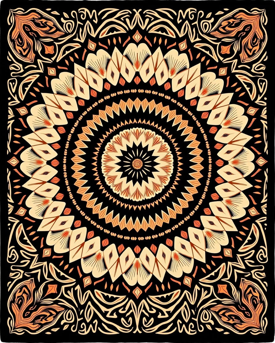 Black Orange Floral Mandala Design Rug