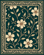Floral Vine Bordered Dark Green Rug