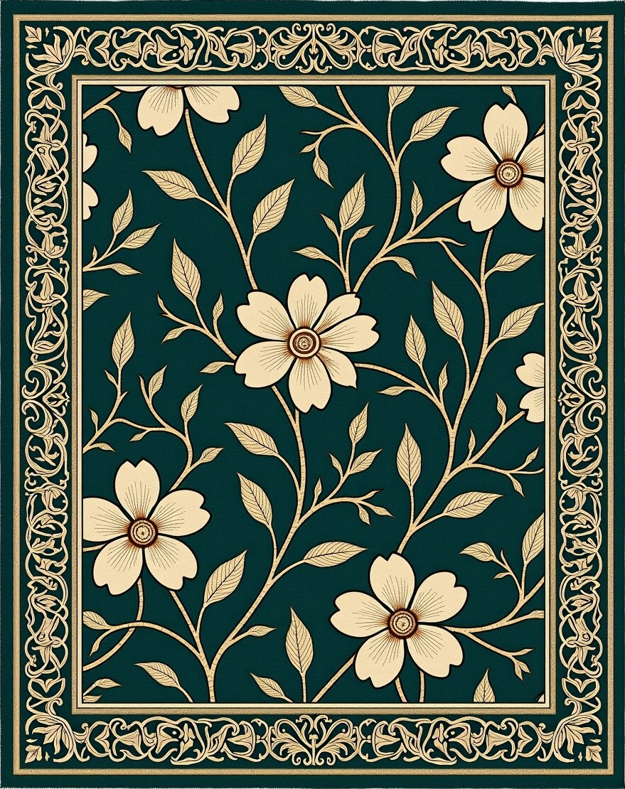 Floral Vine Bordered Dark Green Rug
