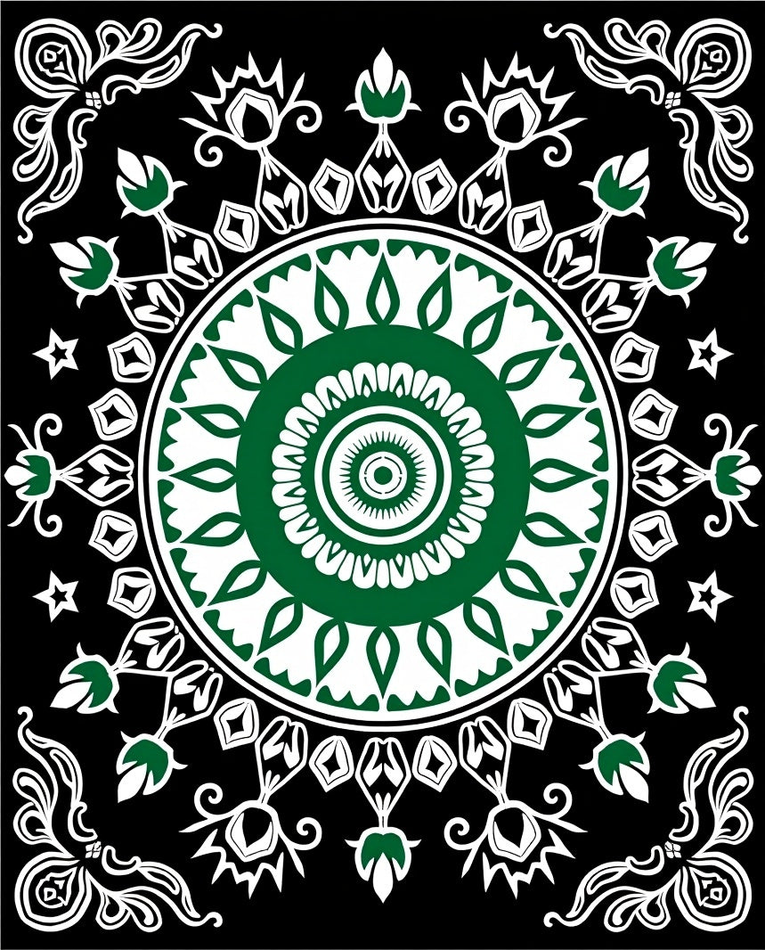 Green Floral Medallion Black White Rug