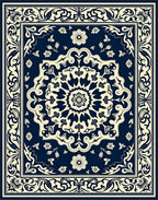 Dark Blue Floral Scrollwork Pattern Rug