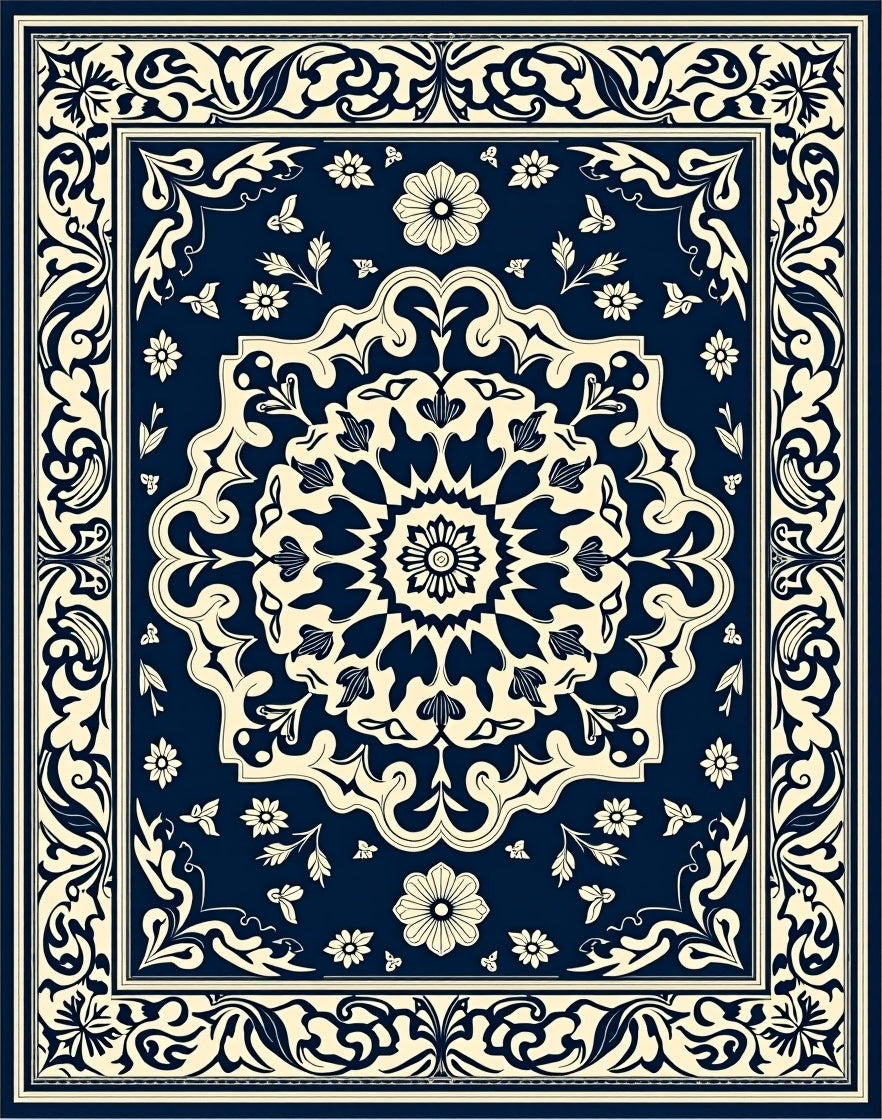 Dark Blue Floral Scrollwork Pattern Rug