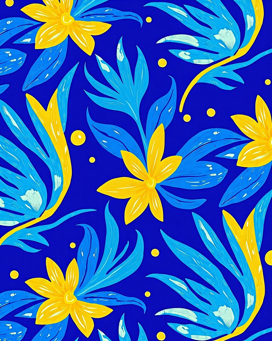 Bold Blue Yellow Floral Swirls Rug